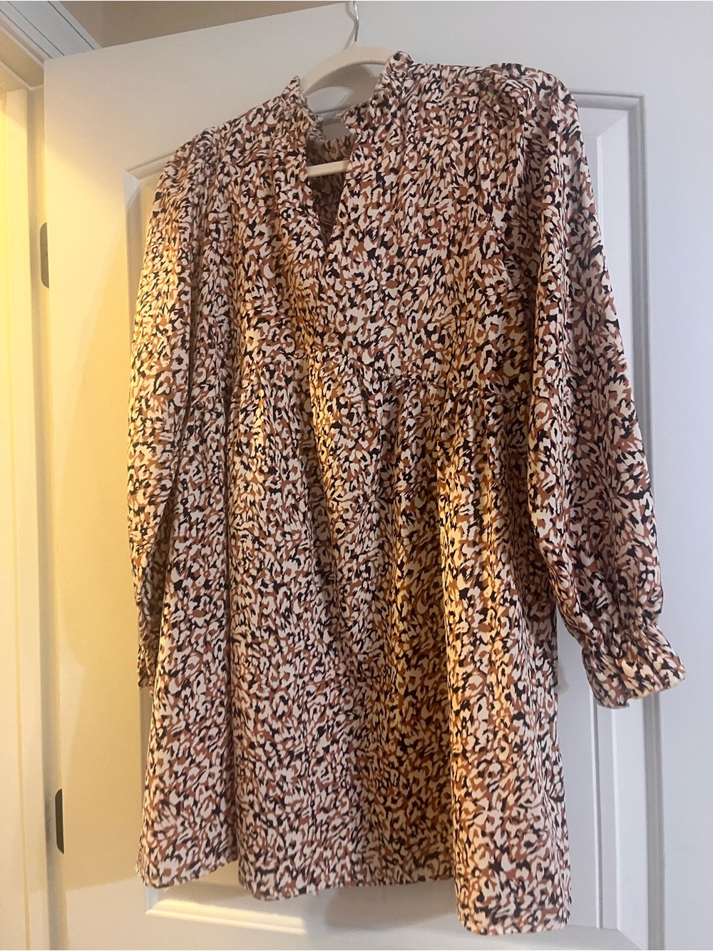 Women’s SHEIN Pink and Brown Printed Long Sleeve Gathered Waist Dress
